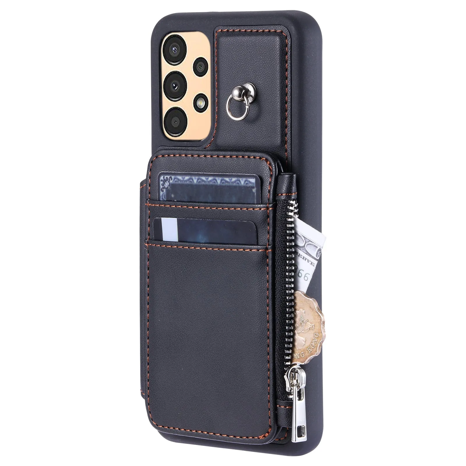 009 RFID Blocking Zipper Wallet Case for Samsung Galaxy A14 4G / 5G , PU Leather Coated TPU Kickstand Phone Cover with Straps