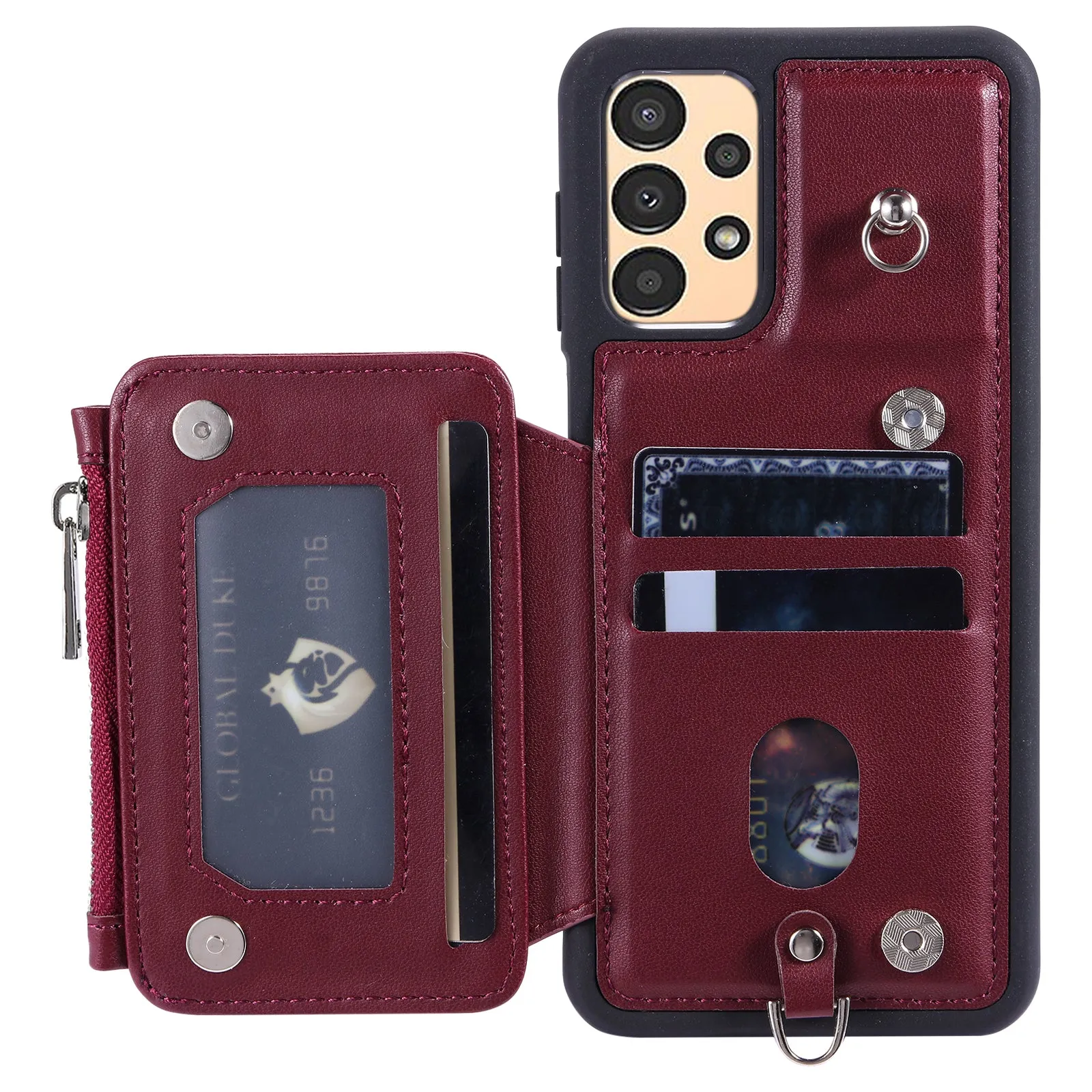 009 RFID Blocking Zipper Wallet Case for Samsung Galaxy A14 4G / 5G , PU Leather Coated TPU Kickstand Phone Cover with Straps