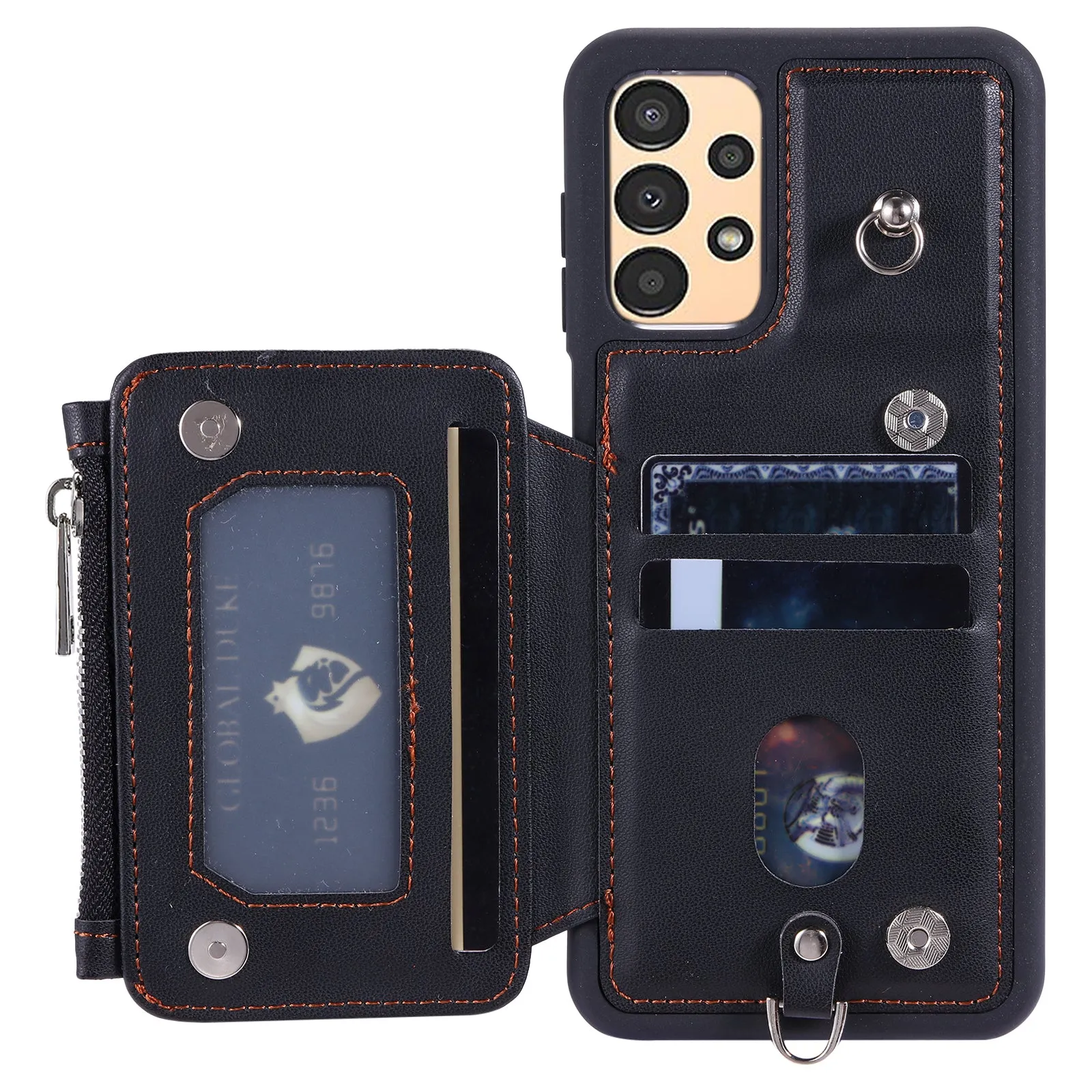 009 RFID Blocking Zipper Wallet Case for Samsung Galaxy A14 4G / 5G , PU Leather Coated TPU Kickstand Phone Cover with Straps