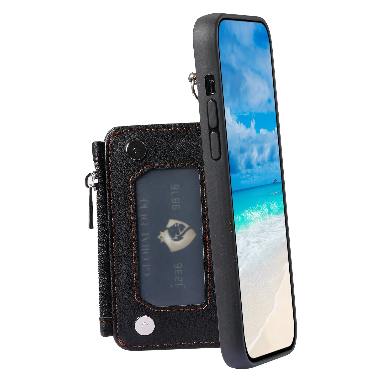 009 RFID Blocking Zipper Wallet Case for Samsung Galaxy A14 4G / 5G , PU Leather Coated TPU Kickstand Phone Cover with Straps