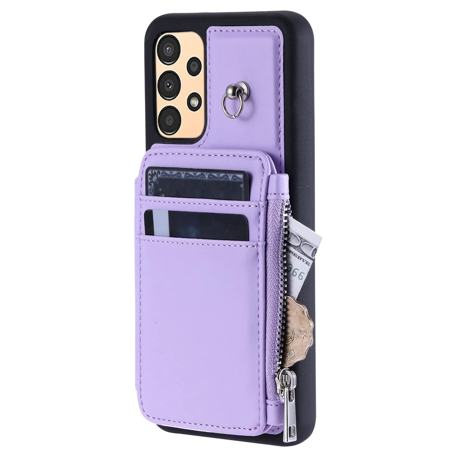 009 RFID Blocking Zipper Wallet Case for Samsung Galaxy A14 4G / 5G , PU Leather Coated TPU Kickstand Phone Cover with Straps