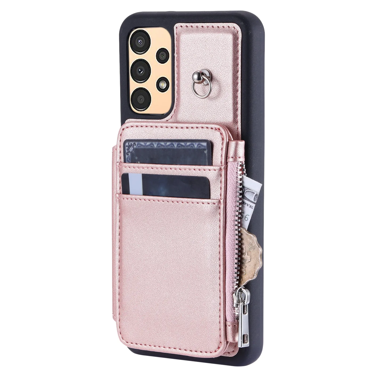 009 RFID Blocking Zipper Wallet Case for Samsung Galaxy A14 4G / 5G , PU Leather Coated TPU Kickstand Phone Cover with Straps