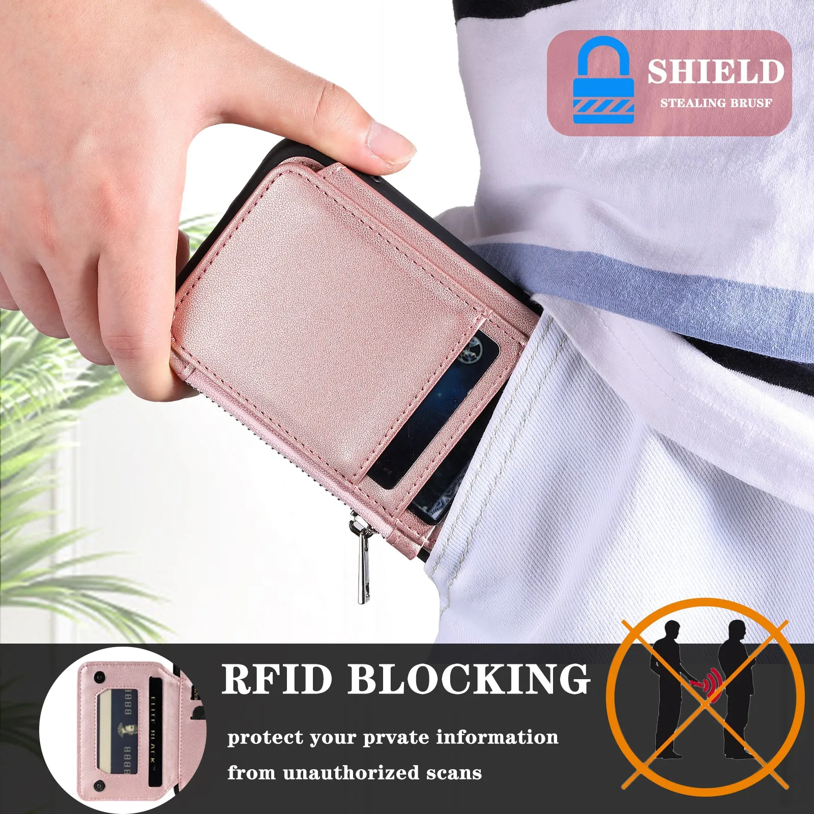 009 RFID Blocking Zipper Wallet Case for Samsung Galaxy A14 4G / 5G , PU Leather Coated TPU Kickstand Phone Cover with Straps