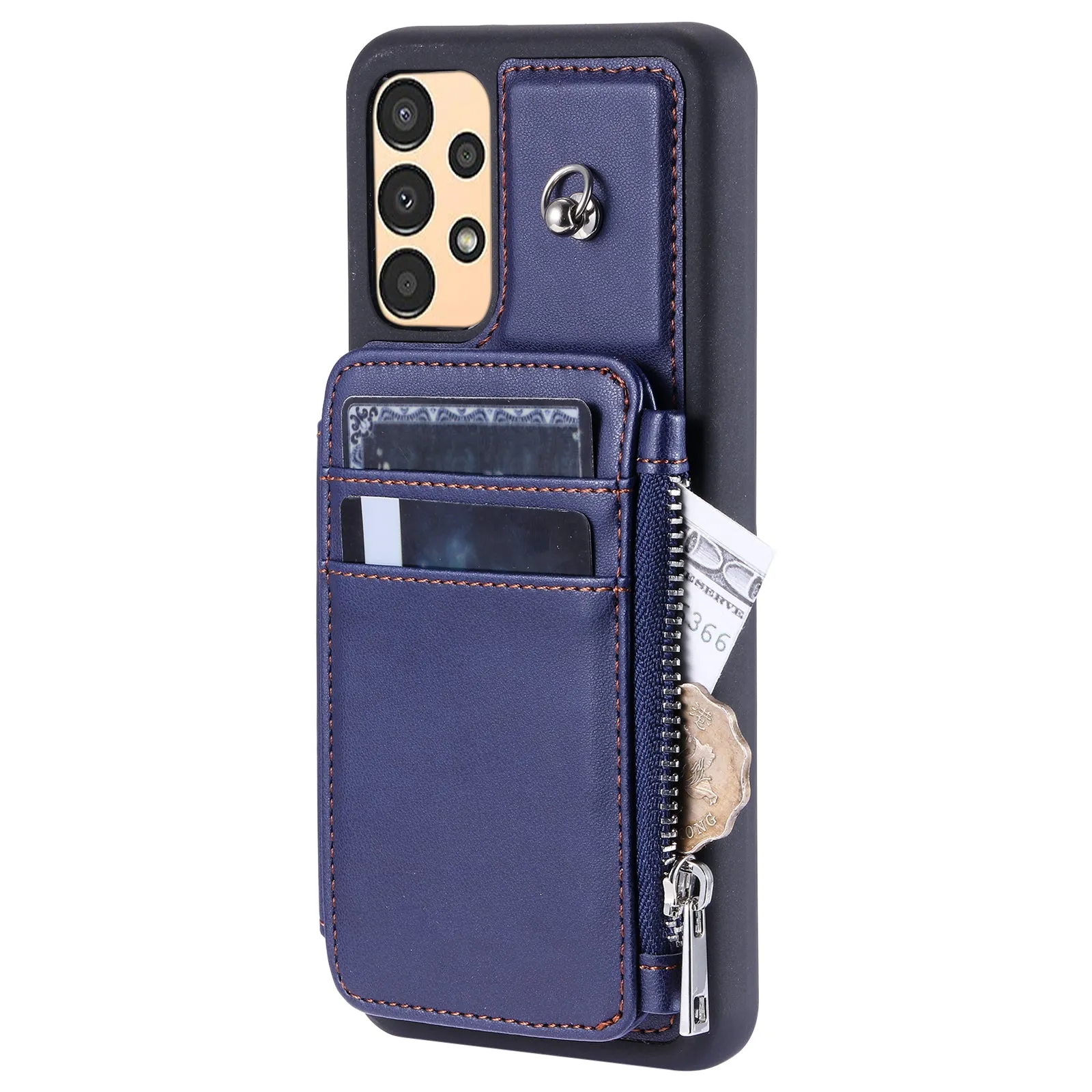 009 RFID Blocking Zipper Wallet Case for Samsung Galaxy A14 4G / 5G , PU Leather Coated TPU Kickstand Phone Cover with Straps