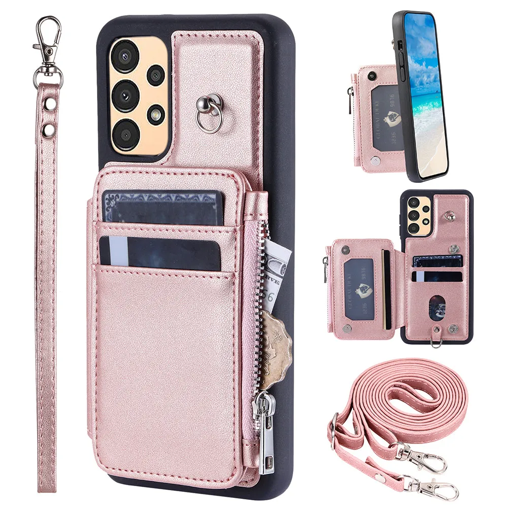 009 RFID Blocking Zipper Wallet Case for Samsung Galaxy A14 4G / 5G , PU Leather Coated TPU Kickstand Phone Cover with Straps