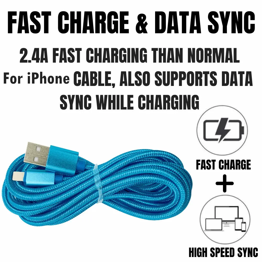 10Ft Braided USB Charger Compatible for Iphone Light Blue