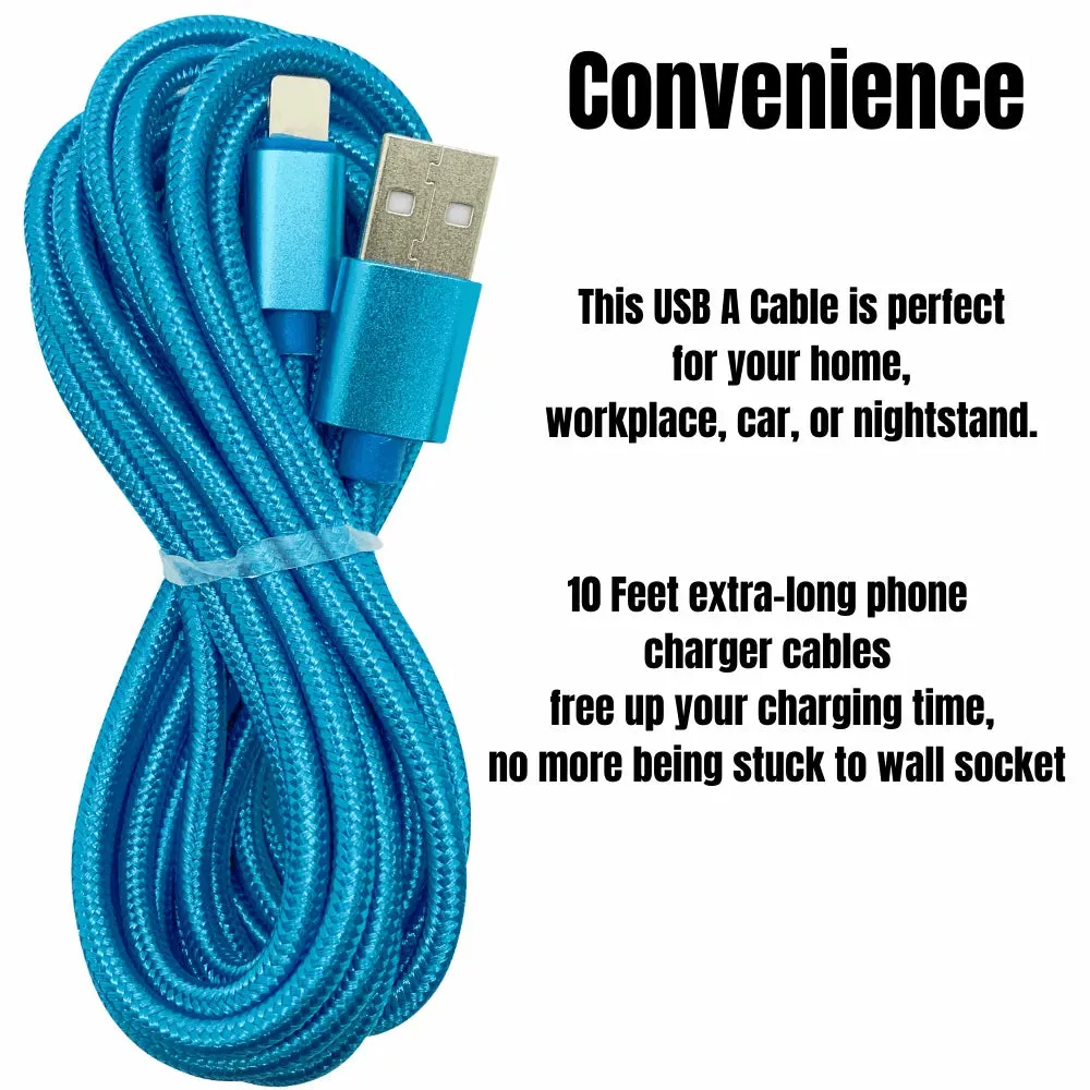 10Ft Braided USB Charger Compatible for Iphone Light Blue