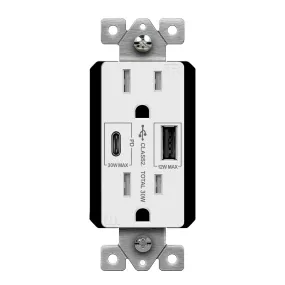 15 Amp Duplex Outlet with USB-A/C Outlet Tamper-Resistant, 30 W Power Delivery, White