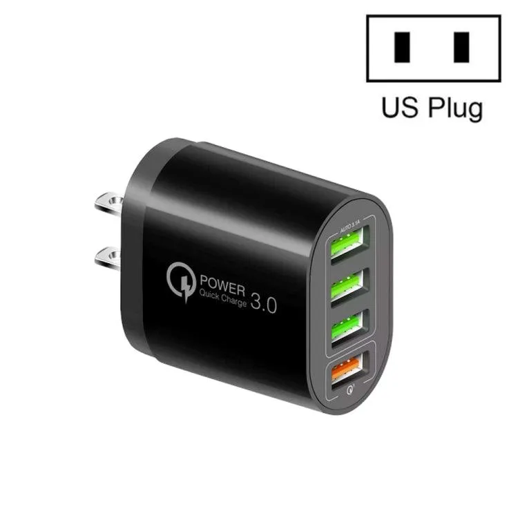 30W QC3.0 Fast Charging Multi-Port USB Charger for Mobile Devices - US Plug