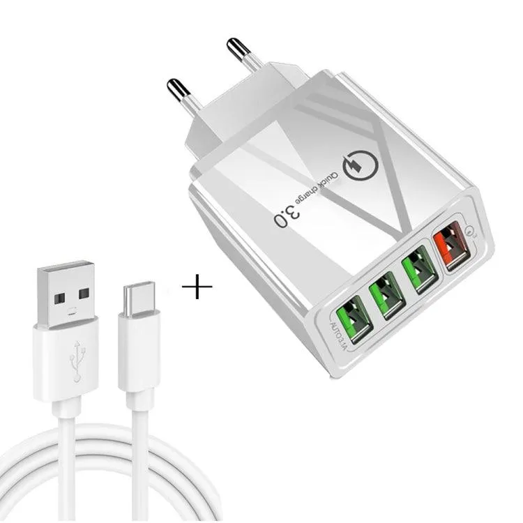 30W Quick Charge 3.0 4-Port USB Universal Travel Charger Set with 2-in-1 USB to USB-C Data Cable - EU Plug