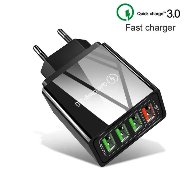 30W Quick Charge 3.0 4-Port USB Universal Travel Charger Set with 2-in-1 USB to USB-C Data Cable - EU Plug