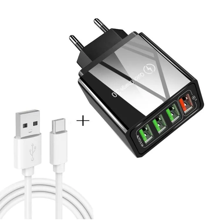 30W Quick Charge 3.0 4-Port USB Universal Travel Charger Set with 2-in-1 USB to USB-C Data Cable - EU Plug