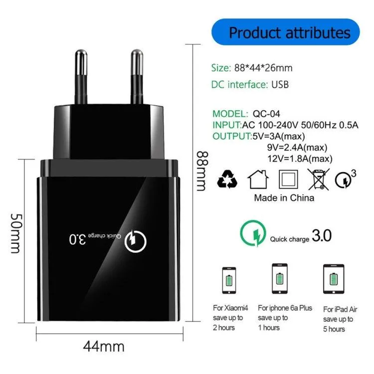 30W Quick Charge 3.0 4-Port USB Universal Travel Charger Set with 2-in-1 USB to USB-C Data Cable - EU Plug