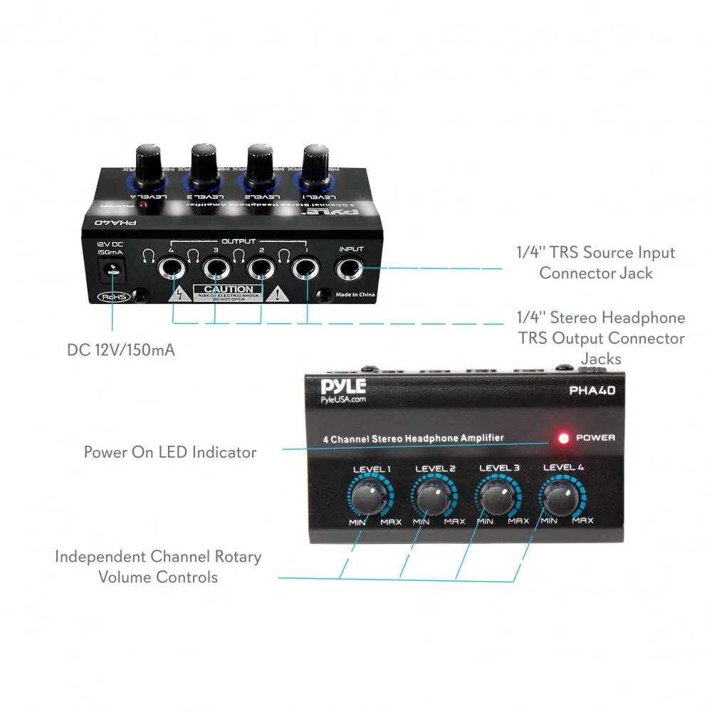 4-Channel Stereo Headphone Amplifier, 1/4" Connectors