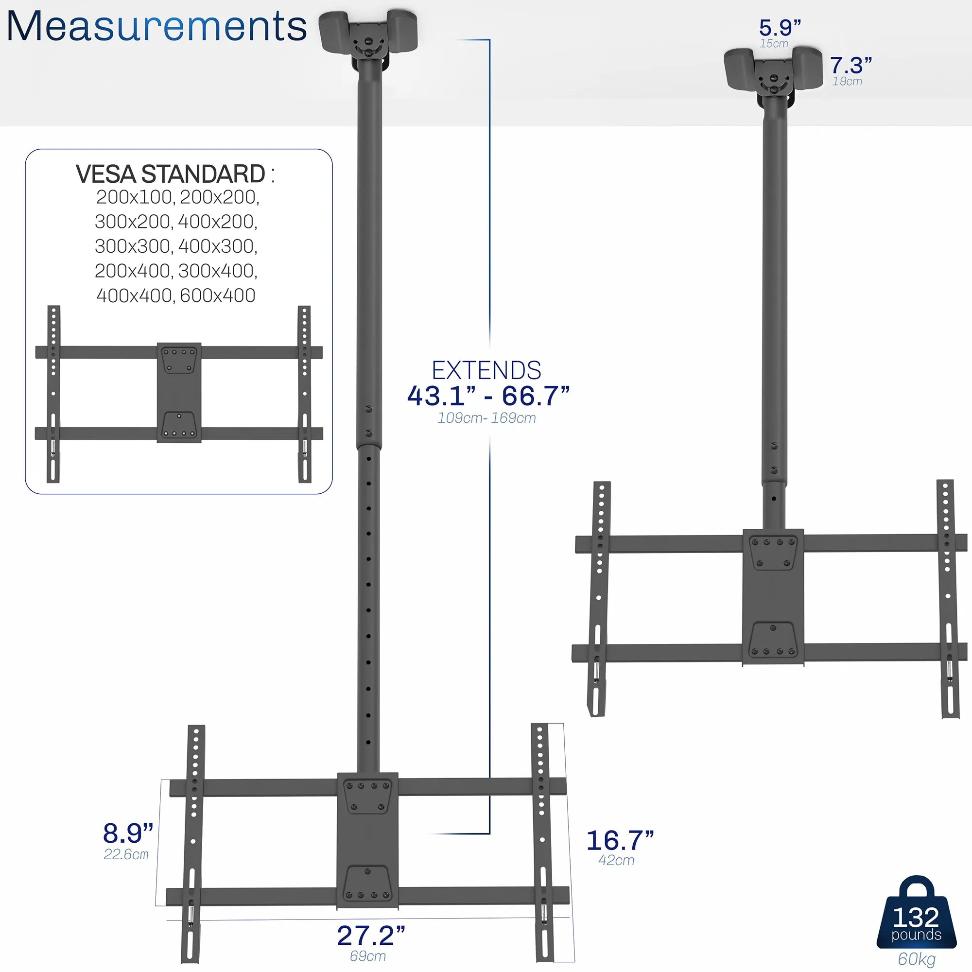 43” to 86” TV Ceiling Mount with Extension Pole