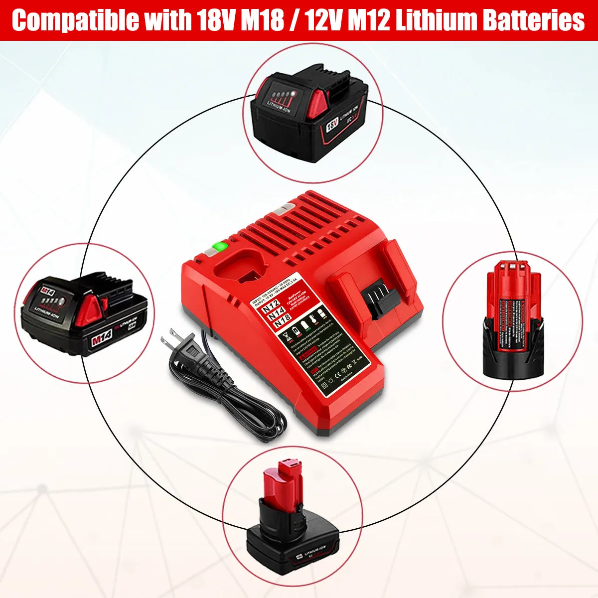 48-59-1812 Multi Voltage 18v/12v Lithium XC Battery Rapid Charger Replacement for Milwaukee 18V M18 Battery Charger 12V M12 12V 48-59-1812 Charger