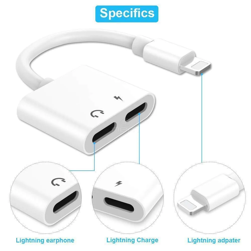 Apple iPhone / iPad 2-in-1 Dual Lightning Auxiliary Adapter Splitter Headphones Earphones Audio Charge Cable White by Modes