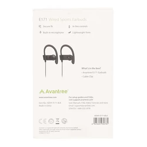 Avantree E171 - AUX 3.5mm Wired Earbuds with Microphone & in-Line Volume Control, Compatible with Traditional 3.5mm AUX Phones, Sport Corded Headphones with Ear Hook for Running, Black