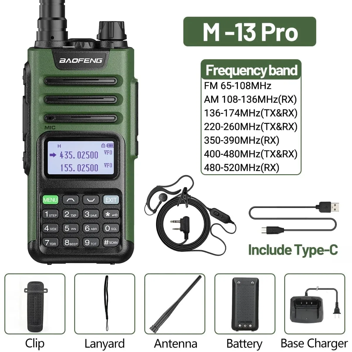 Baofeng M-13 Pro Air Band Walkie Talkie 10W AM Wireless Copy Frequency NOAA Long Range Type-C High Power UV-5R Ham Two Way Radio