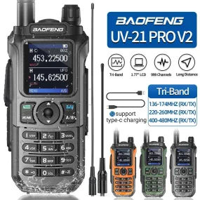 Baofeng UV-21 Pro Walkie Talkie Tri-Band Wireless Copy Frequency Long Range 999CH NOAA High Power Type-C UV-5R Ham Two Way Radio