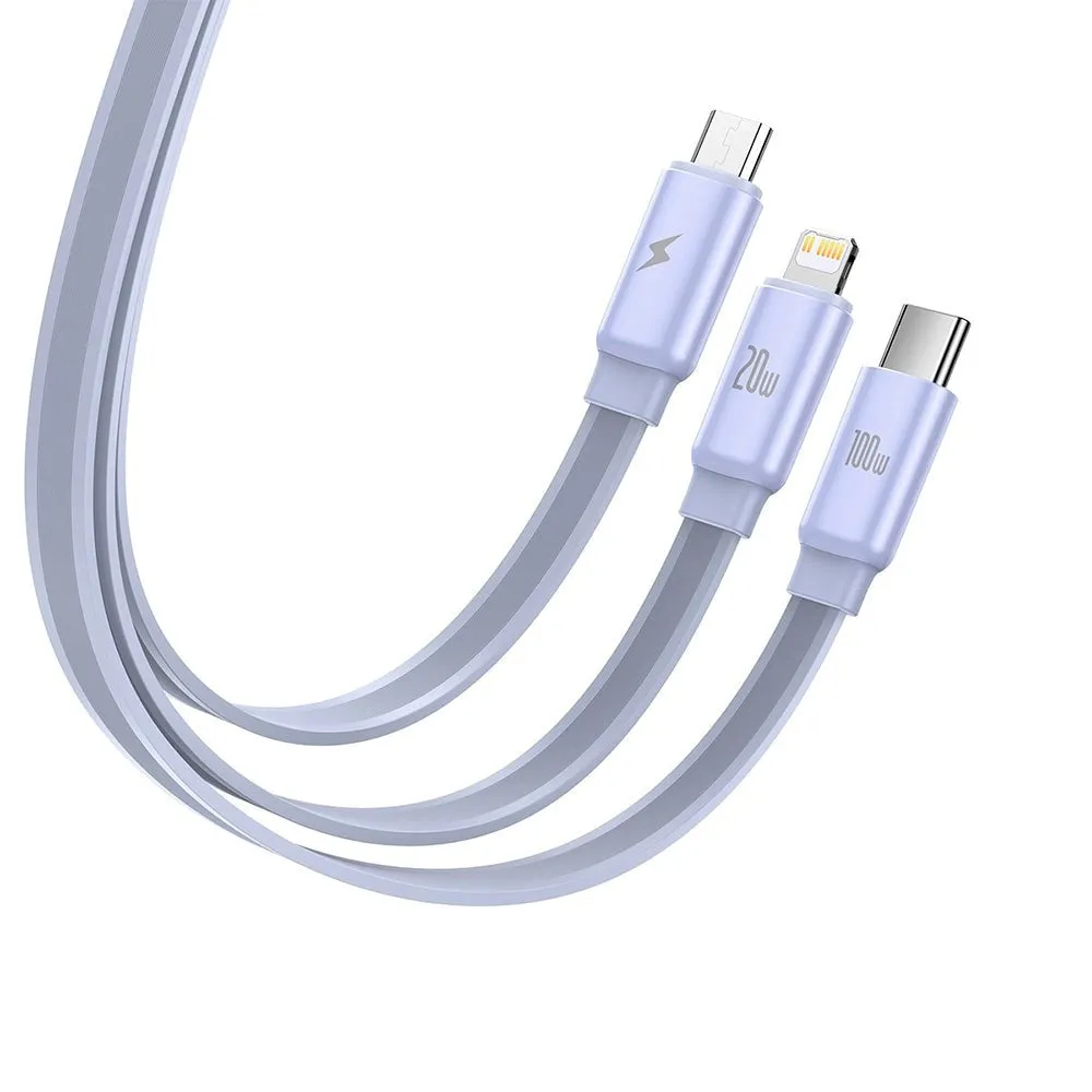 Baseus 3-i-1 Multi Kabel m. Udtrækkelige Kabler USB-C til USB-C, Micro USB og Lightning - Lavendel