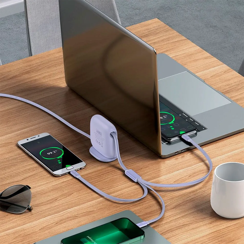 Baseus 3-i-1 Multi Kabel m. Udtrækkelige Kabler USB-C til USB-C, Micro USB og Lightning - Lavendel