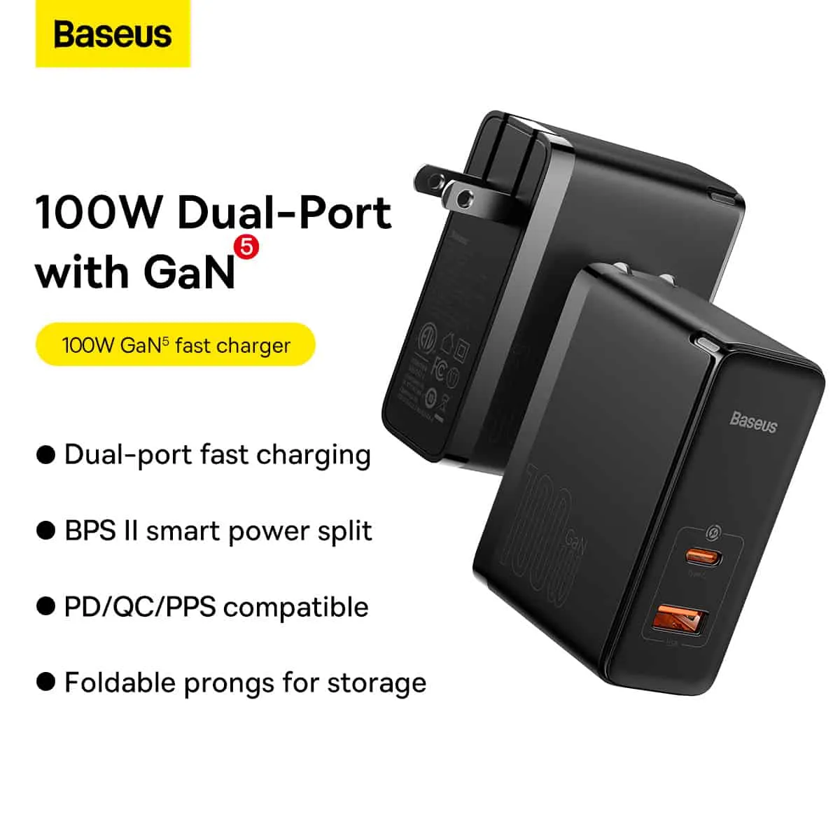 Baseus GaN5 Pro Fast Charger C U 100W US (With Mini Cable Type-C to Type-C 100W(20V/5A) 1m)