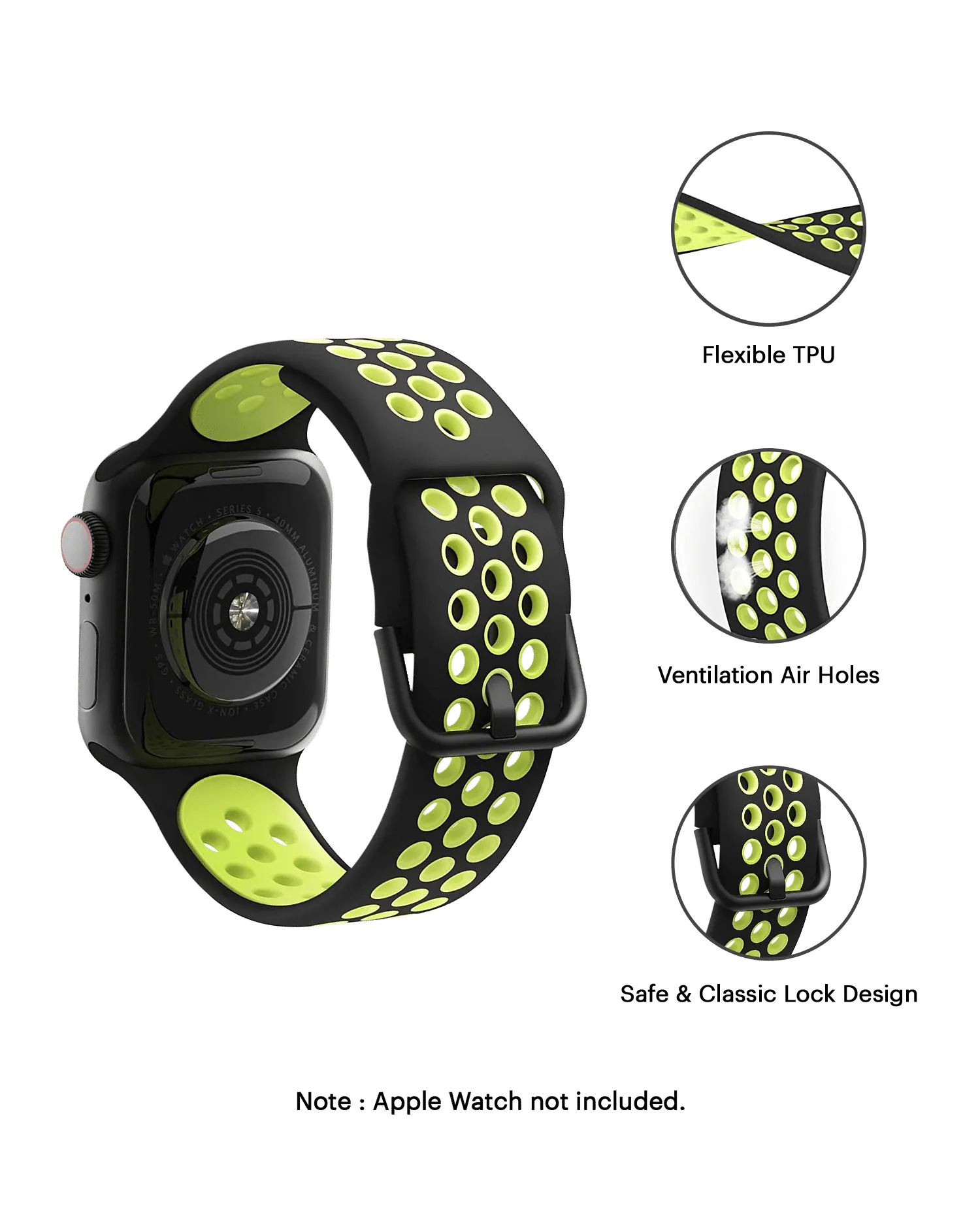 Black-Lime Ribbed Silicone Apple WatchBand (42/44/45mm)