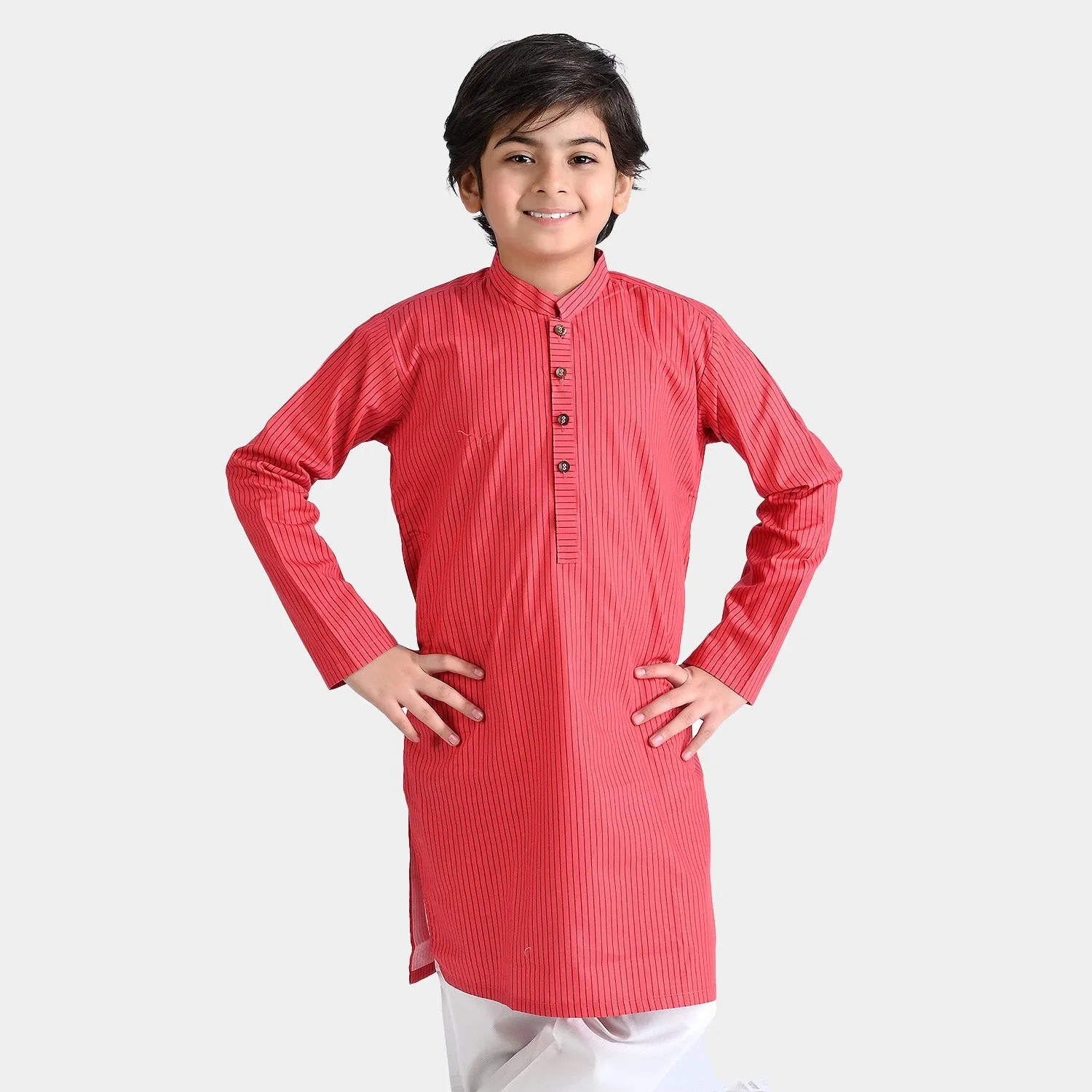 Boys Cotton Poplin Printed Kurta Stripe-Red