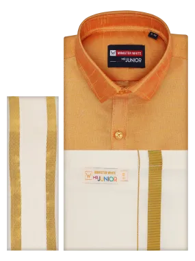 Boys Orange Color Half Sleeves Shirt with Gold Jari Flexi Dhoti Adorable Boy