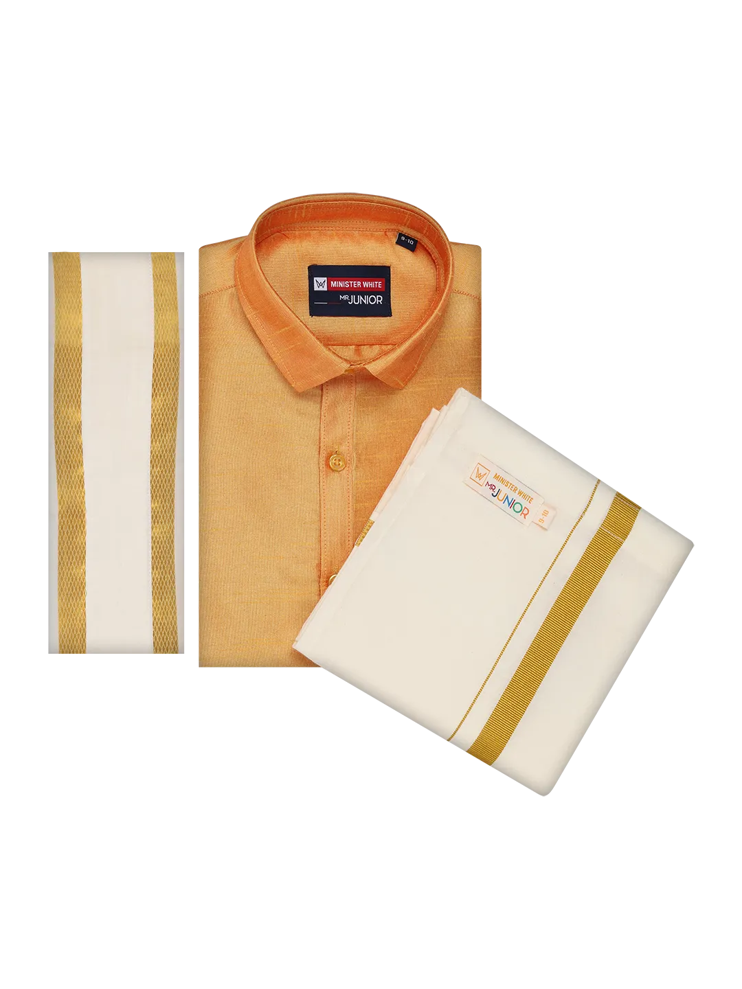 Boys Orange Color Half Sleeves Shirt with Gold Jari Flexi Dhoti Adorable Boy