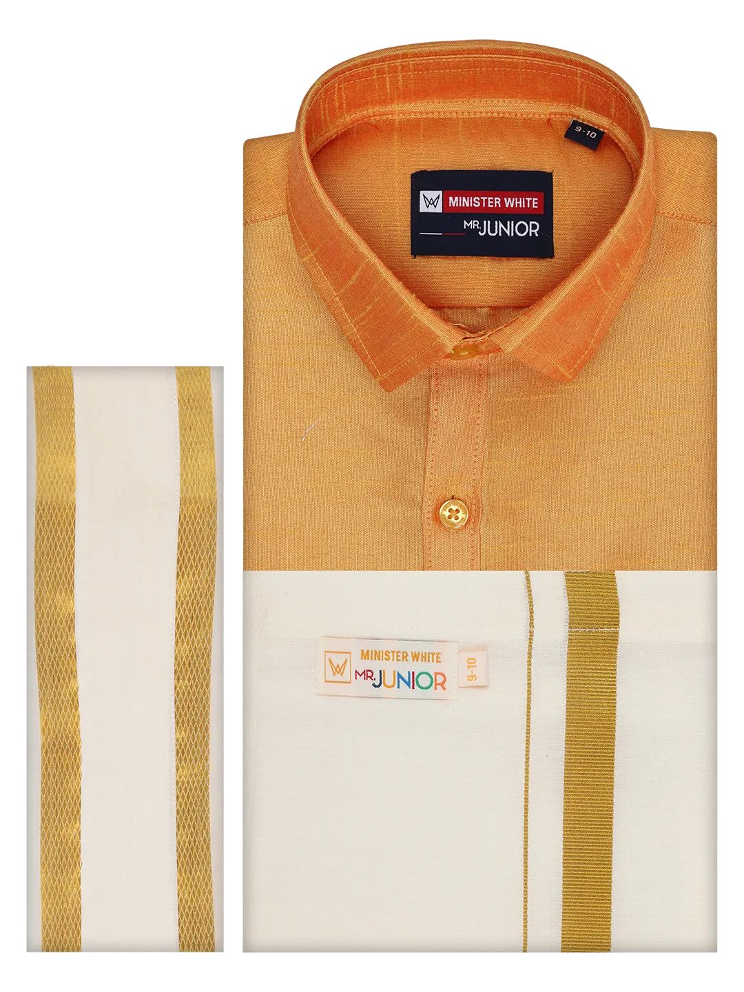 Boys Orange Color Half Sleeves Shirt with Gold Jari Flexi Dhoti Adorable Boy