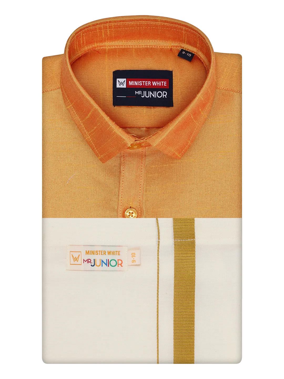 Boys Orange Color Half Sleeves Shirt with Gold Jari Flexi Dhoti Adorable Boy