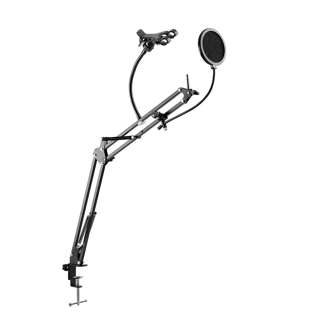 Deskmount Microphone Stand With Rotating Phone Holder & Pop-Filter MDS-28