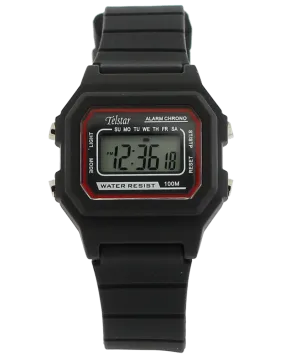 Digital Retro LCD Telstar watch in black resin with red screen highlights. 100m water resistant 34919