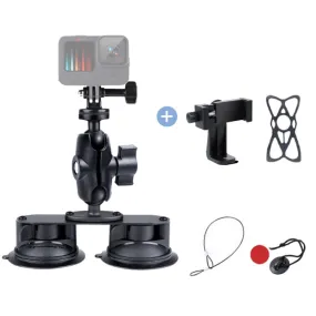 Dual Suction Cup Mount Holder with Tripod Adapter & Screw & Phone Clamp & Anti-lost Silicone Net for for GoPro, Insta360, DJI and Other Action Cameras, Smartphones(Black)