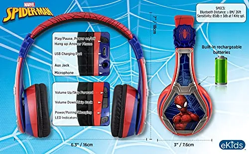 Ekids Spiderman Bluetooth Headphones Wireless Adjustable Volume Limited