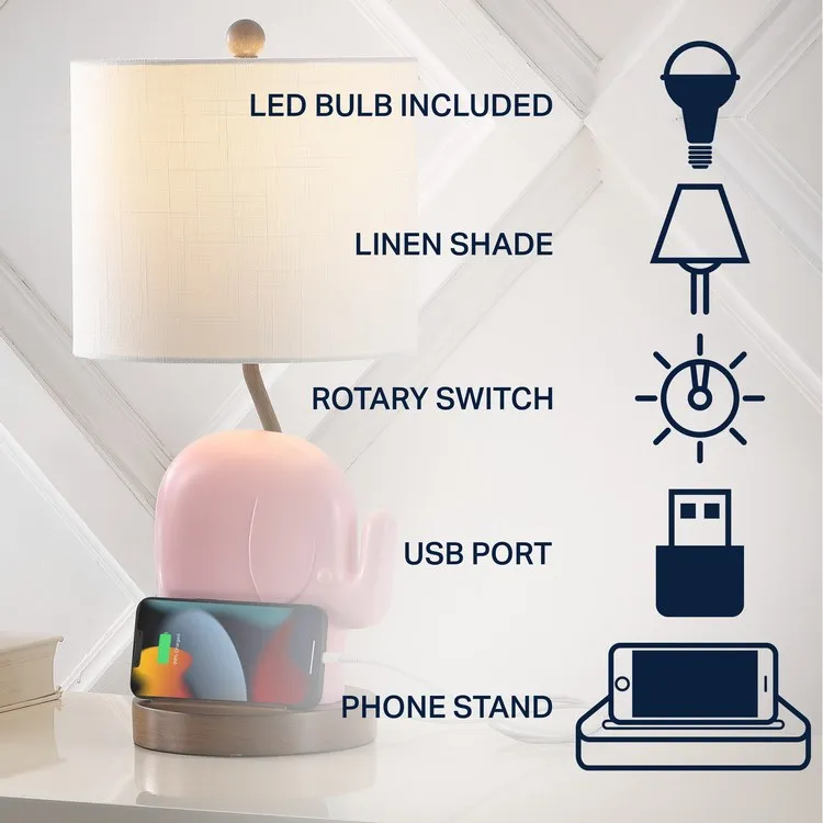 Ellie 20.25" Designer Elephant LED Kid's Table Lamp with Phone Stand and USB Charging Port - Pink