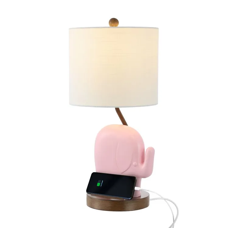 Ellie 20.25" Designer Elephant LED Kid's Table Lamp with Phone Stand and USB Charging Port - Pink