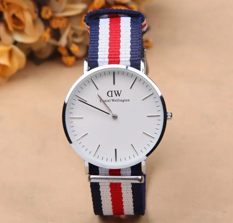 Famous Brand Luxury fashion dress Watches Men Women Fabric Strap silver case Sport watch Military Quartz Wristwatch