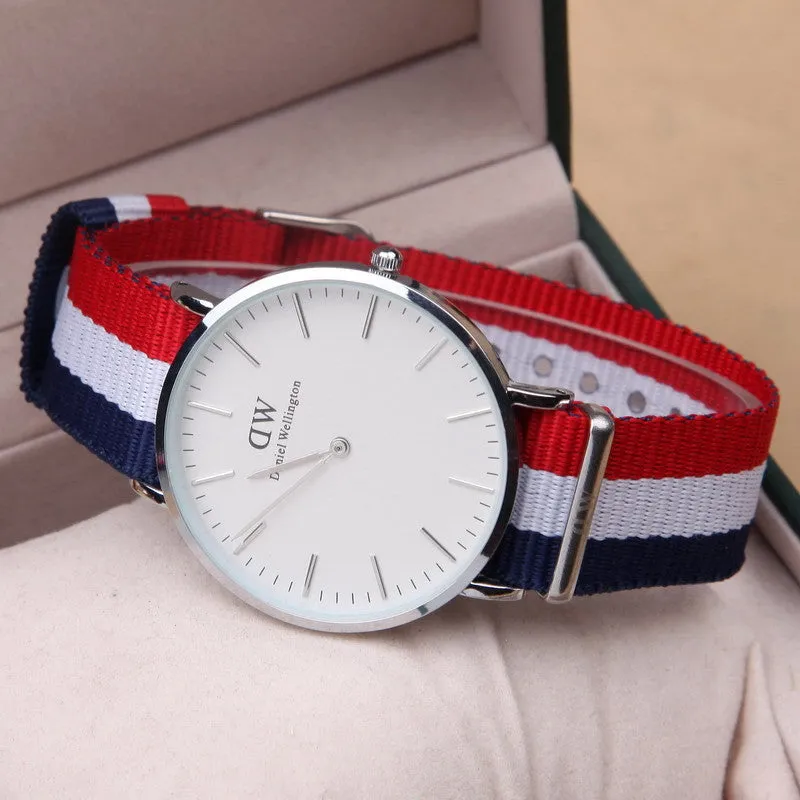 Famous Brand Luxury fashion dress Watches Men Women Fabric Strap silver case Sport watch Military Quartz Wristwatch