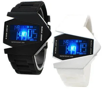 Fashion Aircraft LED Watches Digital Hours Stainless Steel Case Sports Watch Back Light rubber Strap Casual watches