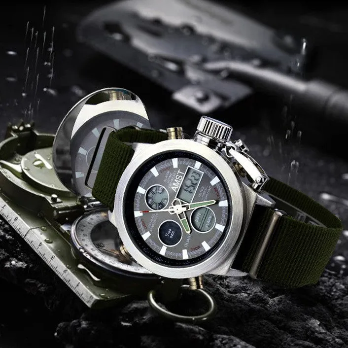 Fashion Army Cool Men Military Watch Canvas Strap Hours Steel Case 50ATM Waterproof Stop Watches Sports Casual LED Digital Clock