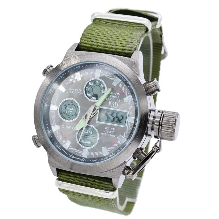 Fashion Army Cool Men Military Watch Canvas Strap Hours Steel Case 50ATM Waterproof Stop Watches Sports Casual LED Digital Clock