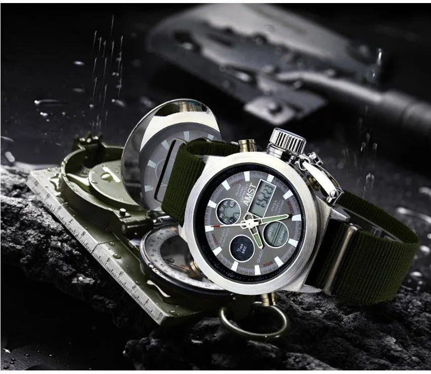 Fashion Army Cool Men Military Watch Canvas Strap Hours Steel Case 50ATM Waterproof Stop Watches Sports Casual LED Digital Clock