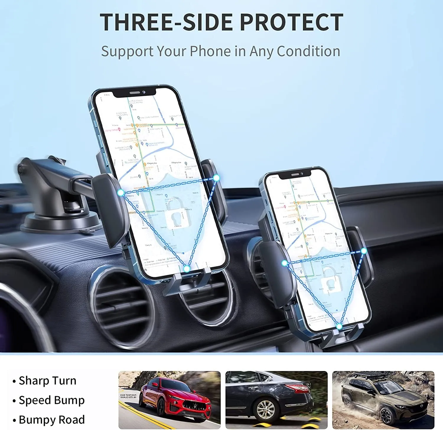 FBB Phone Mount for Car, [ Off-Road Level Suction Cup Protection ] 3In1 Long Arm Suction Cup Holder Universal Cell Phone Holder Mount Dashboard Windshield Vent Compatible with All Smartphones