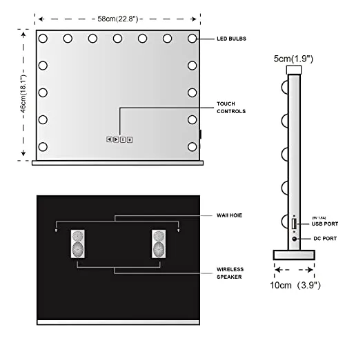 FENCHILIN Vanity Mirror with Lights and Speaker Hollywood Lighted Makeup Mirror with 15 Dimmable LED Bulbs for Dressing Room & Bedroom, Tabletop or Wall-Mounted