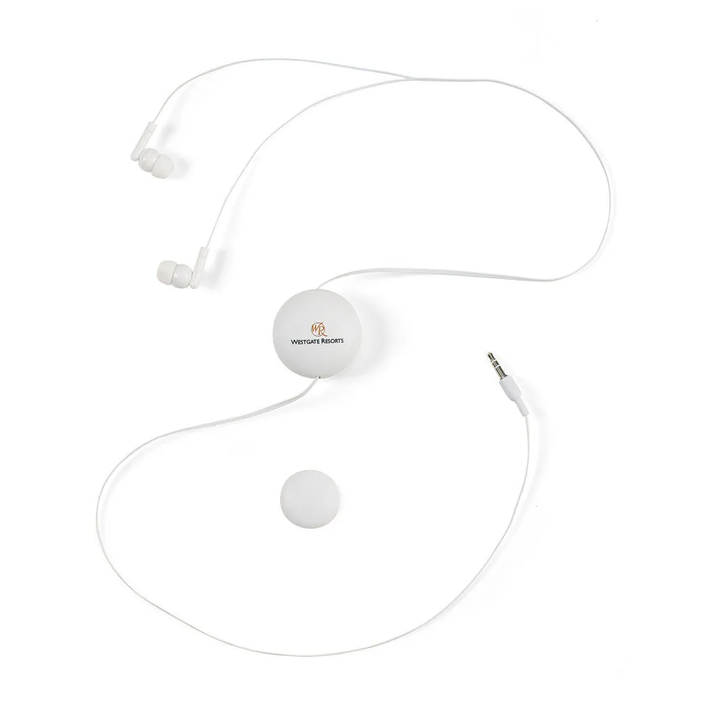 Gemline White Retractable Wired Earbuds with Magnet