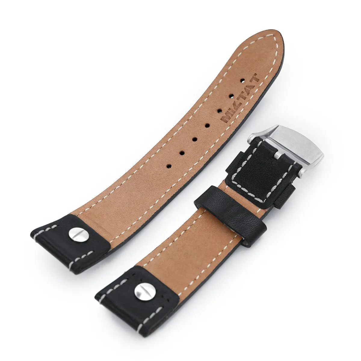 German made 22mm Sturdy Semi-gloss Black Saddle Leather with Rivet Watch Band, Brushed