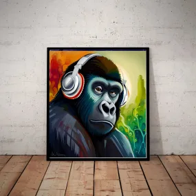 gorilla with Headphones ,Wall Art gorilla  Poster, Gorilla Print  unframed